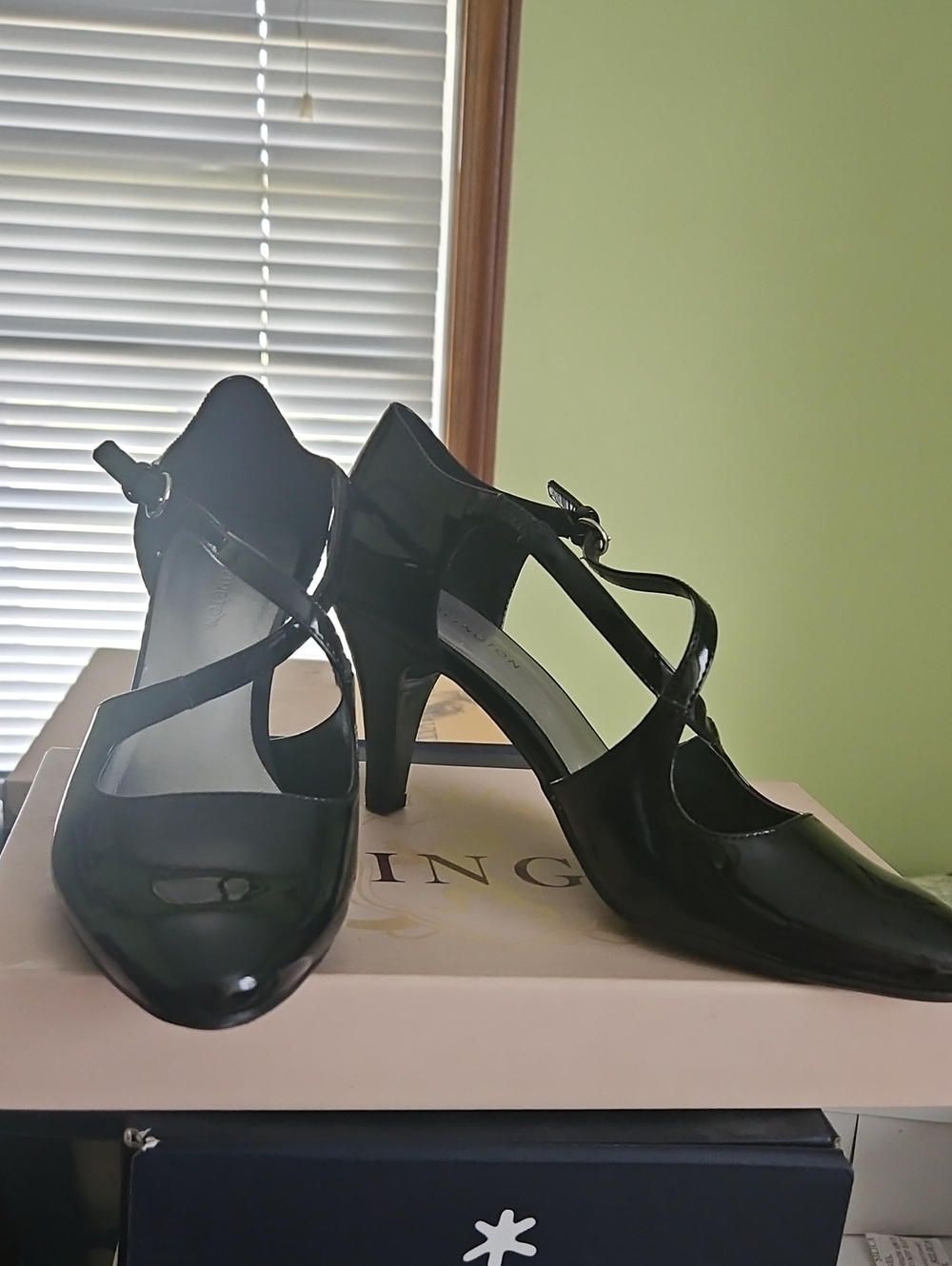 Covington Black Patent T-Strap Mid Heels